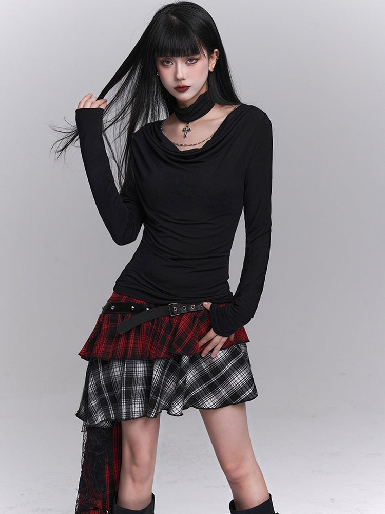 Rot-schwarzer asymmetrischer Karorock aus Netzstoff mit PU-Patchwork