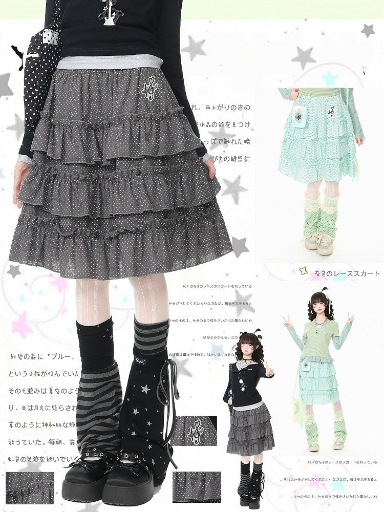 Embroidered Detail Polka Dot Ruffle Tiered Skirt in Gray Hue - Languid Park