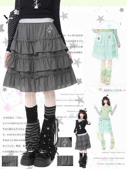 Green Embroidered Detail Polka Dot Ruffle Tiered Skirt Design - Languid Park