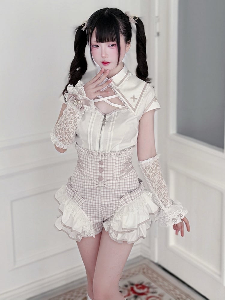 White & Pink Hollow Blouse with Plaid Skort Set - Shi Zhai Xin