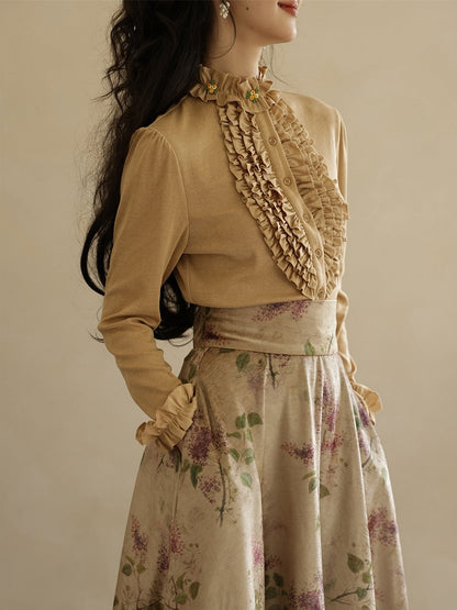 ミルクホワイト/カーキ ヴィンテージフローラルフリルトリムブラウス