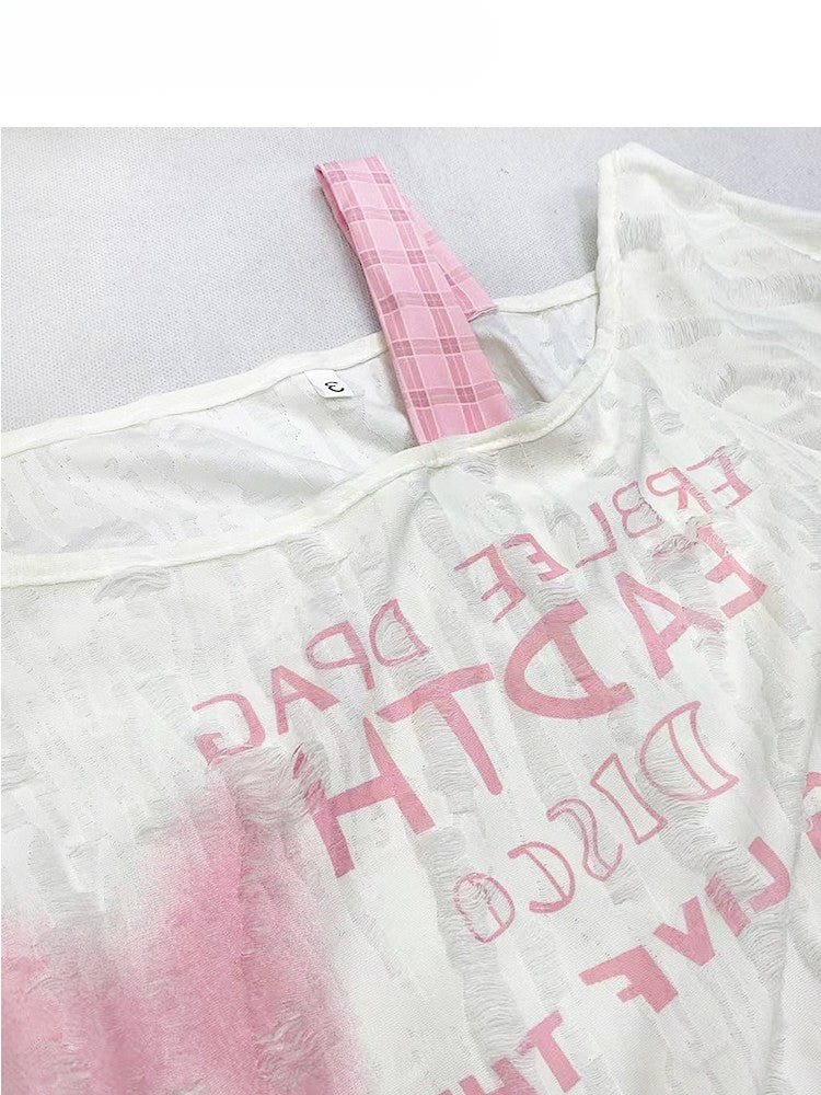 非対称Y2KビタースイートネックラインレターバタフライTシャツオフホワイトとプリント