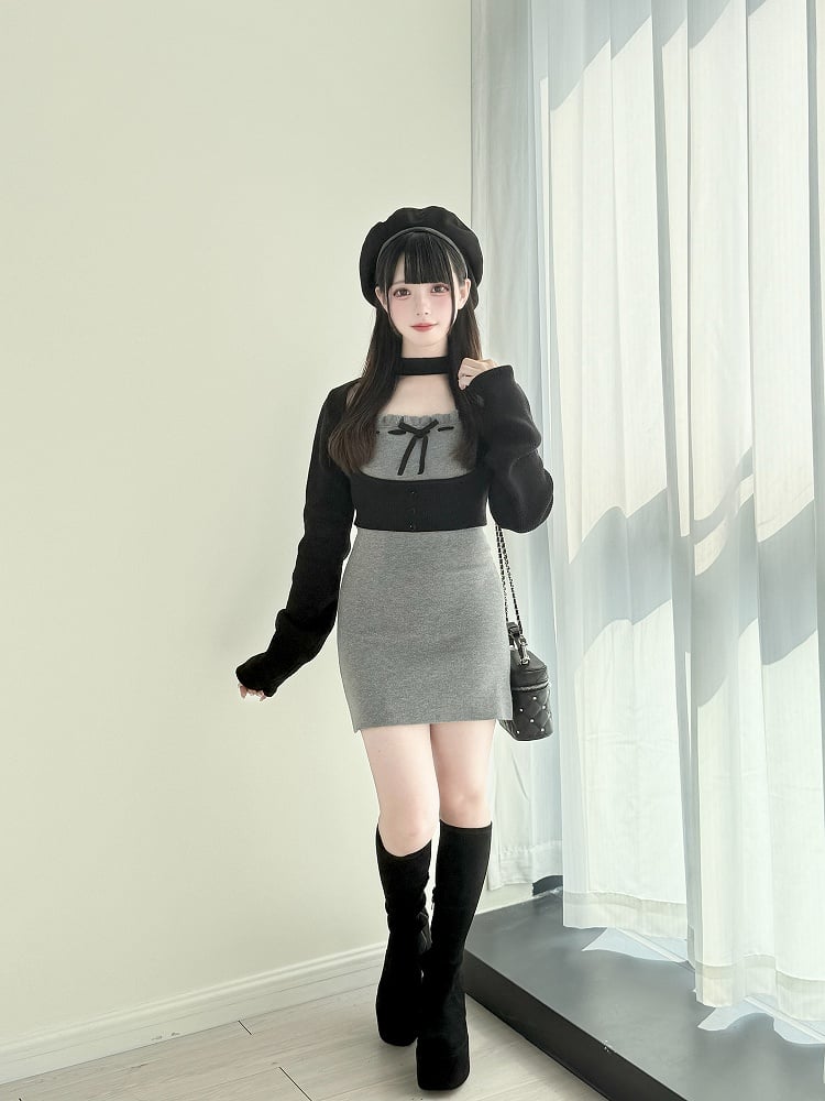 Set: Gray Top Two-Piece Slip Dress Underbust Refined Jirai with Kei Black