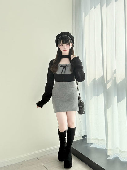 Set: Gray Top Two-Piece Slip Dress Underbust Refined Jirai with Kei Black