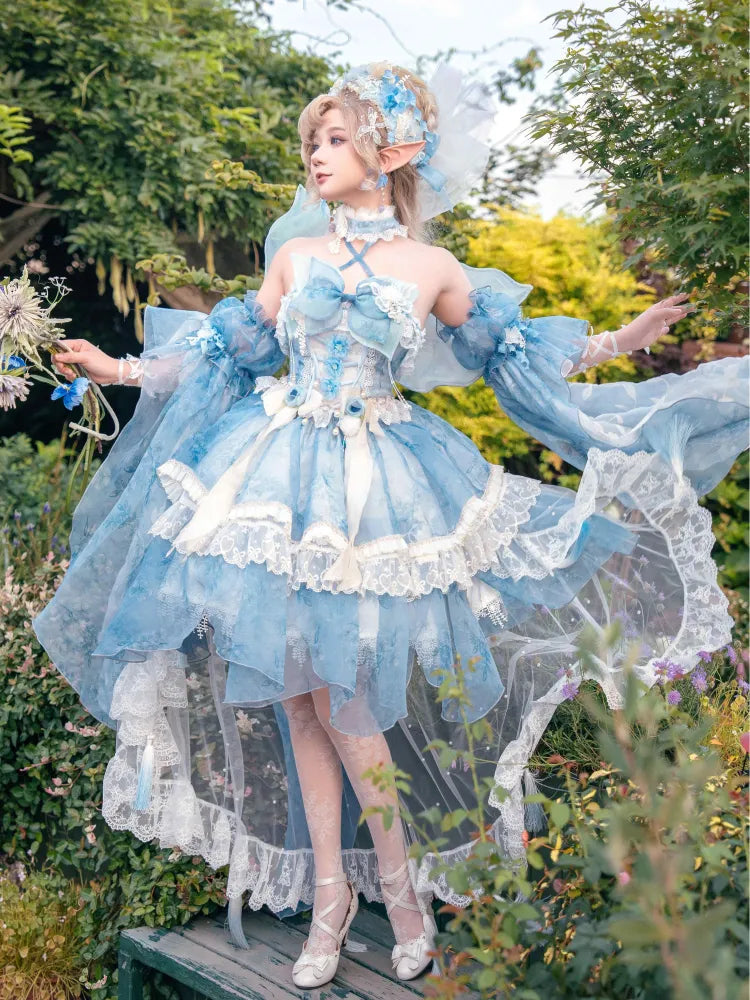 Volles Prinzessinnen-Blumen-Schmetterlings-Set-Design, blaues JSK Fairycore-Lolita-Kleid