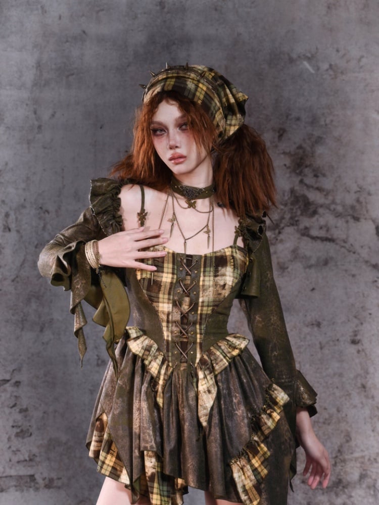 Green Plaid Handkerchief Hem Cami Dress with Lace-up Detail at Front