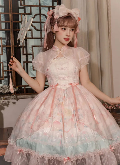 Rosa Lolita-Kleid mit baskischer Taille, Pfirsich- und Pfirsichblüten-Print JSK