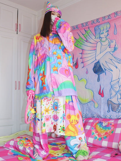 Cartoon Corduroy Print Y2K Shirt Colorful