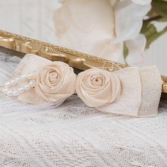Details with and Tulle Rose Bow Champagne Hairclip Bead Lolita Vintage