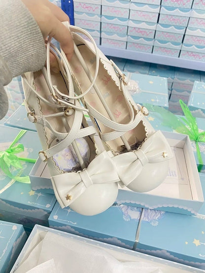 with Sweet Leather Jane PU Lolita White Snap Mid-heel Mary Shoes Round