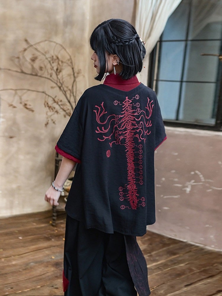With Talisman Short-sleeve Gothic Fake Blouse Black Two-piece Chinese Print Red