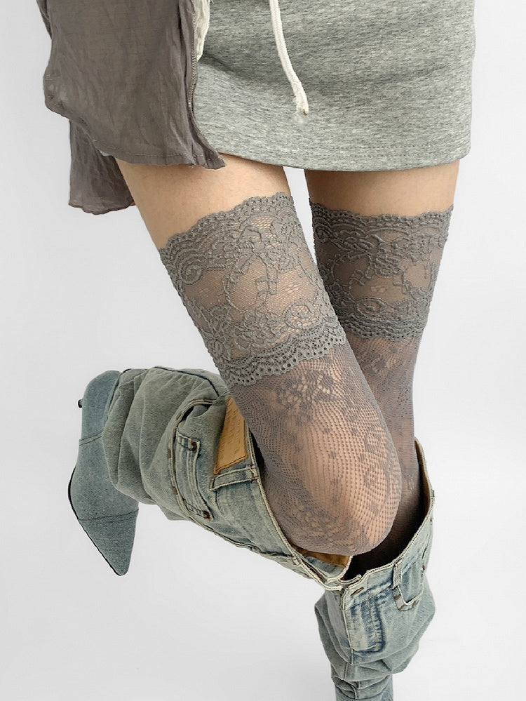 Spitzenstrümpfe Grau/Weiß/Braun/Blau/Schwarzer Besatz Overknee Hohl-Out-Design