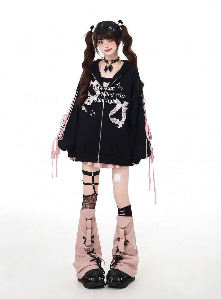 Black Lace Embellished Zip Closure Graphic Hoodie