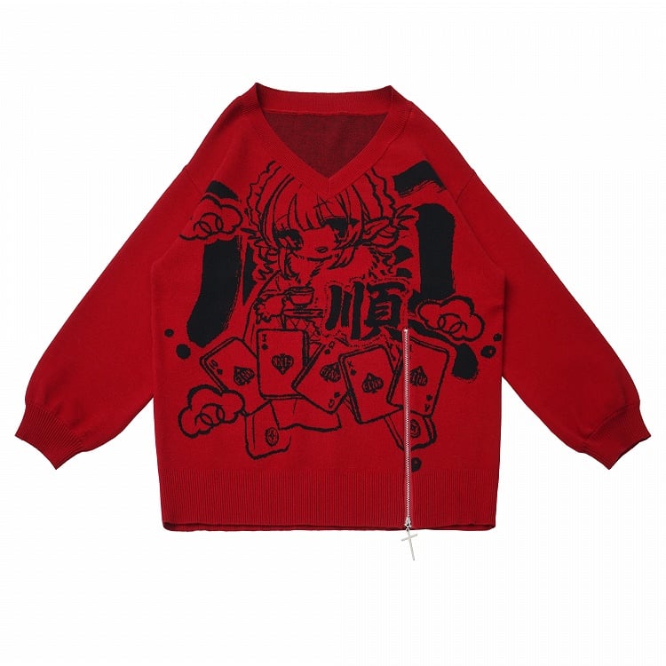 Pattern Zipper Hem Knit Sweater Girl New Loose-Fit Cartoon with Red/Black and Inspired Year