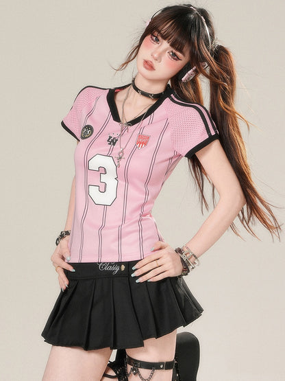 華やかなTシャツ プリントナンバーストライプ柄 Vネック ピンク