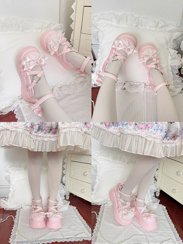 Sweet Lolita Pink Shoes Sweet Mary Jane Platform Shoes with Heart & Bowknot Details
