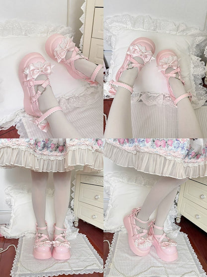 Sweet Lolita Pink Shoes Sweet Mary Jane Platform Shoes with Heart & Bowknot Details