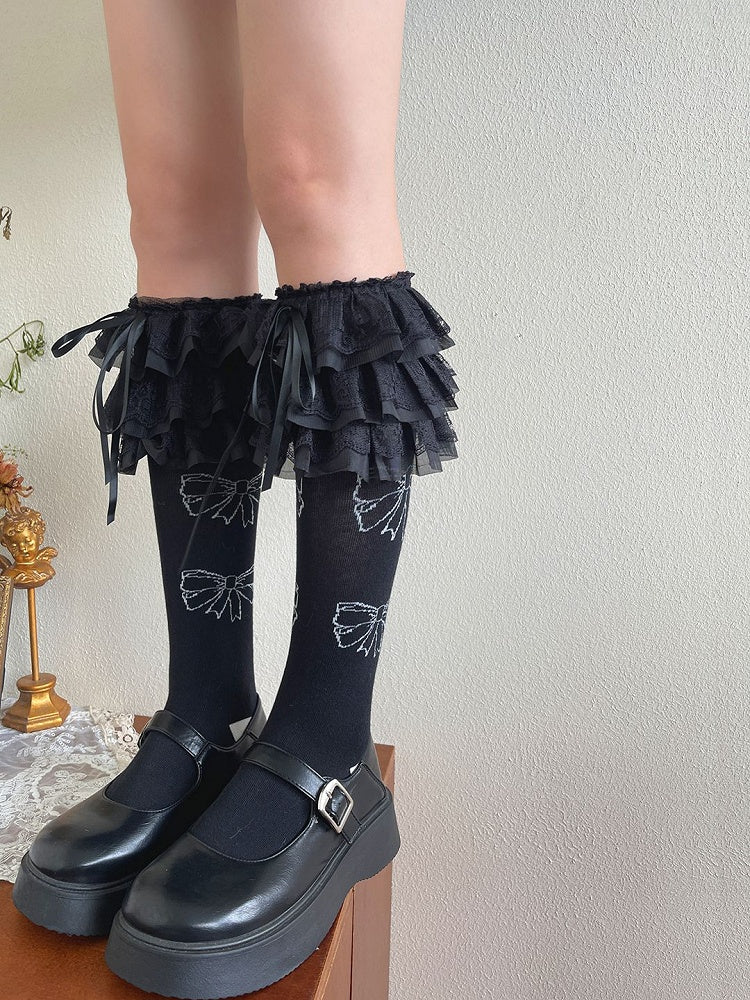 White/Black Stockings Bowknot Decorated Lace Trim Lolita Underknee