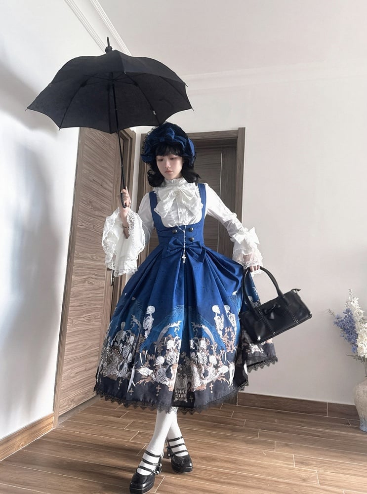 Blue Skeleton Cross Print Under Bust Gothic Lolita Dress with Black Lace Trim - NnSTAR