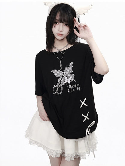 Black Butterfly Round Neck Top with Lace & Ribbon - PINK SAVIOR