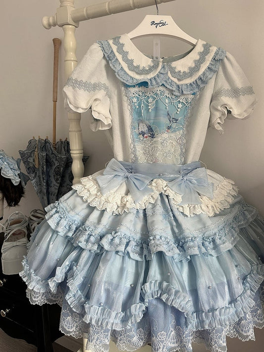 Bodice and Collar Dress Blue Peter Pan Print Embroidery Sweet White Beach Lolita Whale