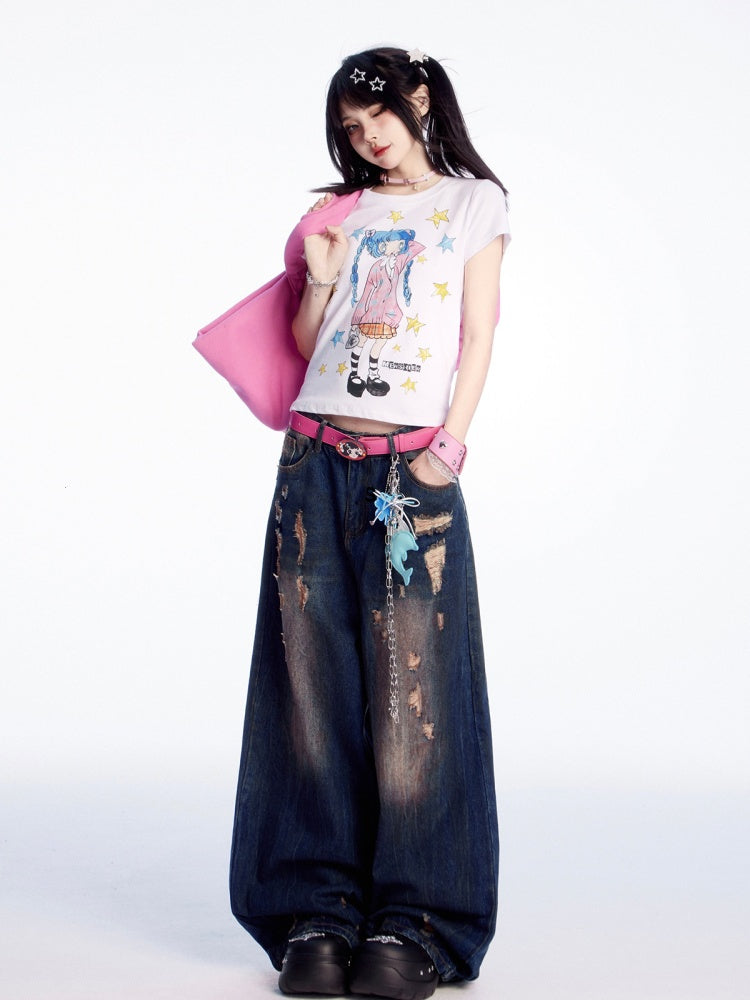 Dunkelblaue Vintage-Jeans mit weitem Bein und Distressed-Löchern