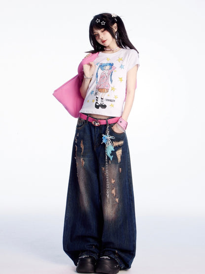 Dunkelblaue Vintage-Jeans mit weitem Bein und Distressed-Löchern