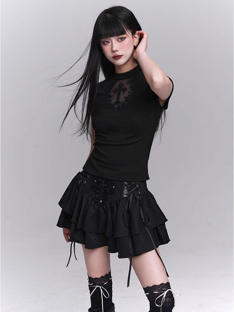 Black Coffin-shaped Cutout Cross Applique T-Shirt