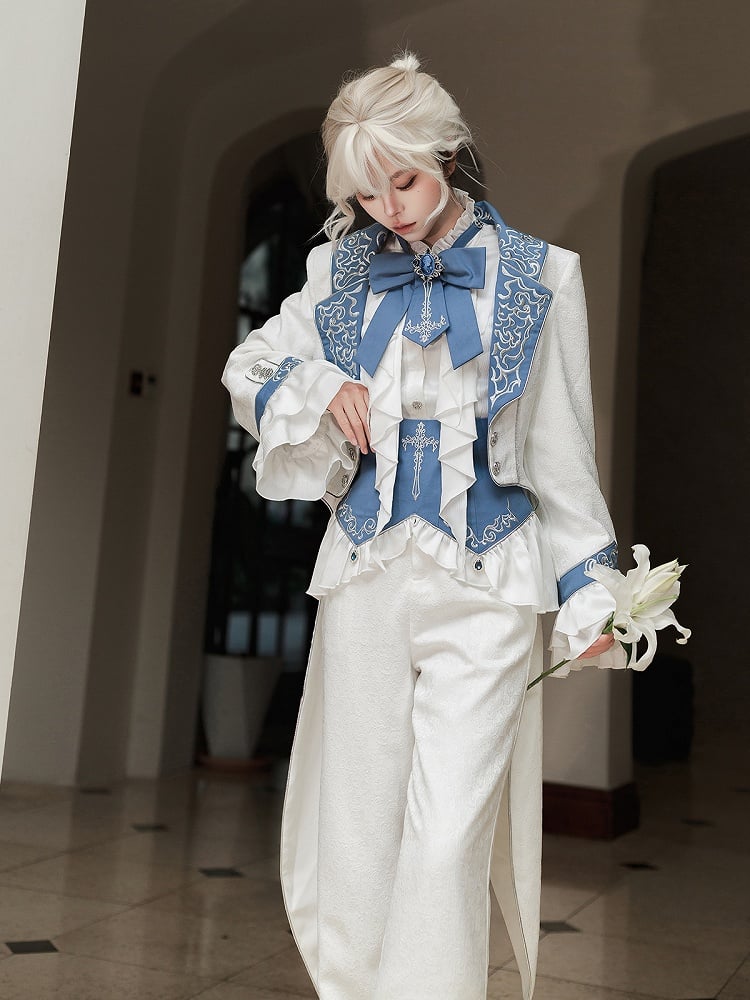 Belt+Pants Coat+Shirt+Corset Pieces Split-Tail Four Ouji Set-BlueWhite Lolita Prince