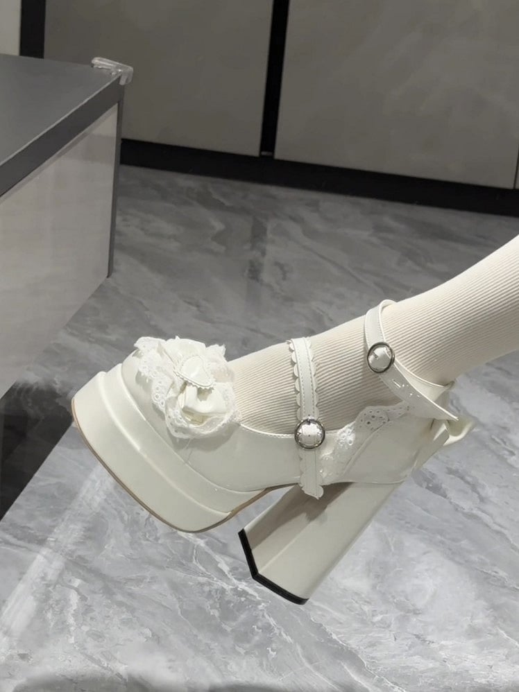 Heel Shoes Mary Lace Accents Bow Lolita Platform High with Sweet Jane and Trim White Block