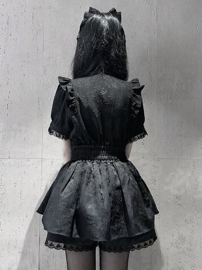 Jirai-Kei Black Jacquard High-Rise Skirt with Attached Shorts - Angel Share