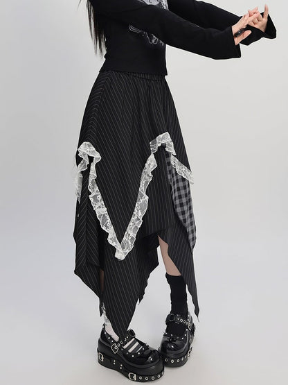 Hem Maxi Dress with Plaid  Stripe Patchwork and Lace Trim Black Handkerchief
