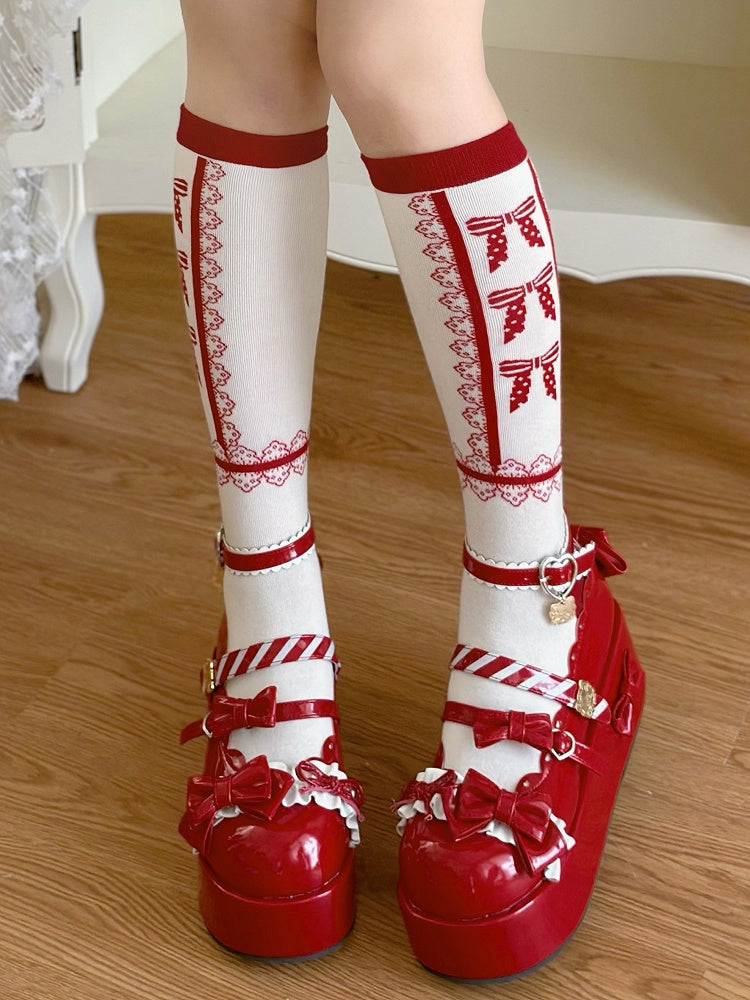 Bowknot Lace Red Calf Socks Pattern Lolita and White