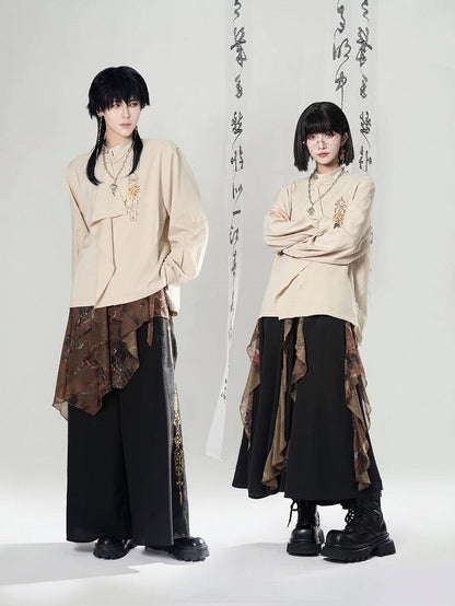 Pants with Cheongsam Embroidery Apron Wide-leg Detachable Style