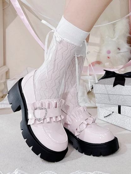 Shoes Jirai 6.5cm Pink Chunky Detail Kei with Loafers Beaded Heel Sweetheart Platform