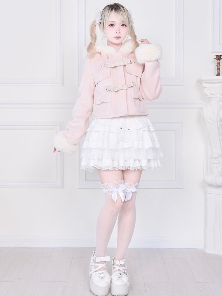 Pink | Plush Trim Short Kei Pockets Jirai Bow Coat Hooded