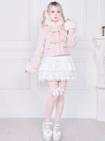 Pink | Plush Trim Short Kei Pockets Jirai Bow Coat Hooded