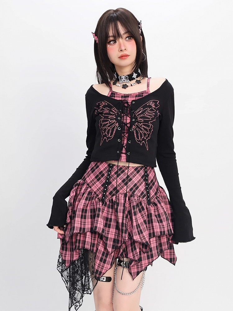 Top Faux Y2K Schnürung vorne Schmetterlingsdruck Schwarz Pink Plaid Zweiteiler und