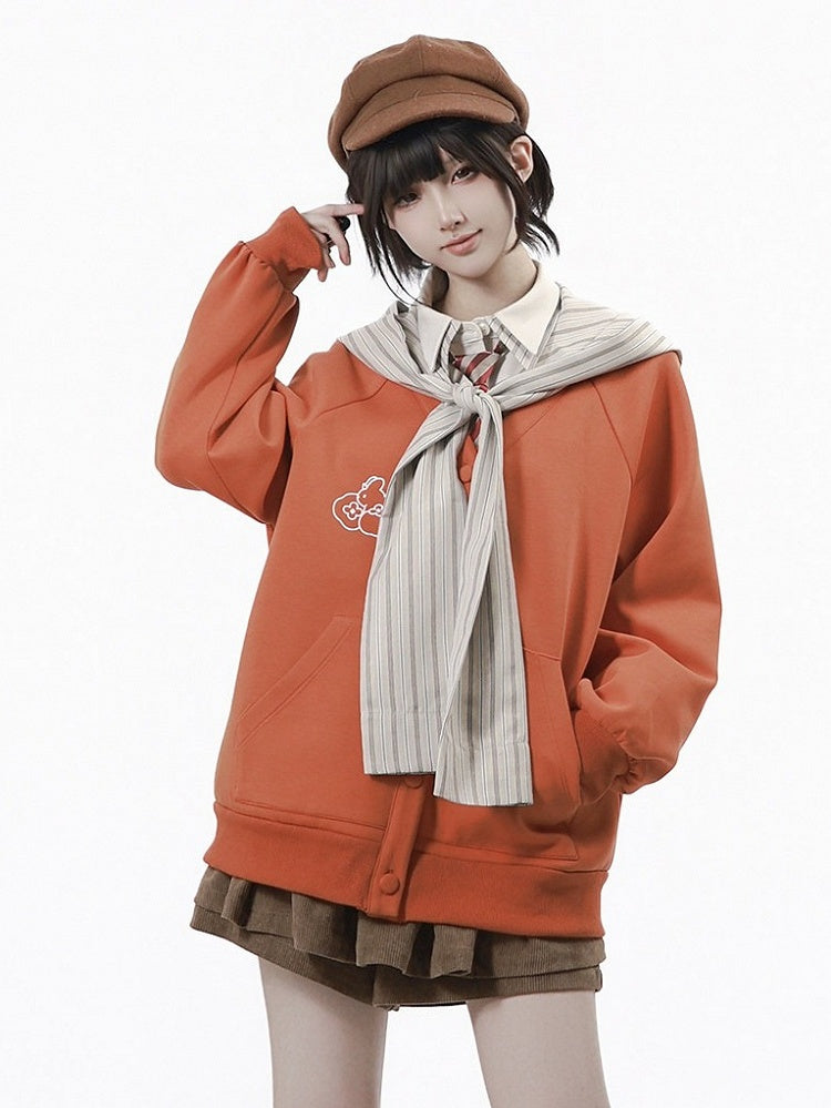 Kawaii Orange V-Neck Fall Jacket with Removable Striped Hood - PINK SAVIOR