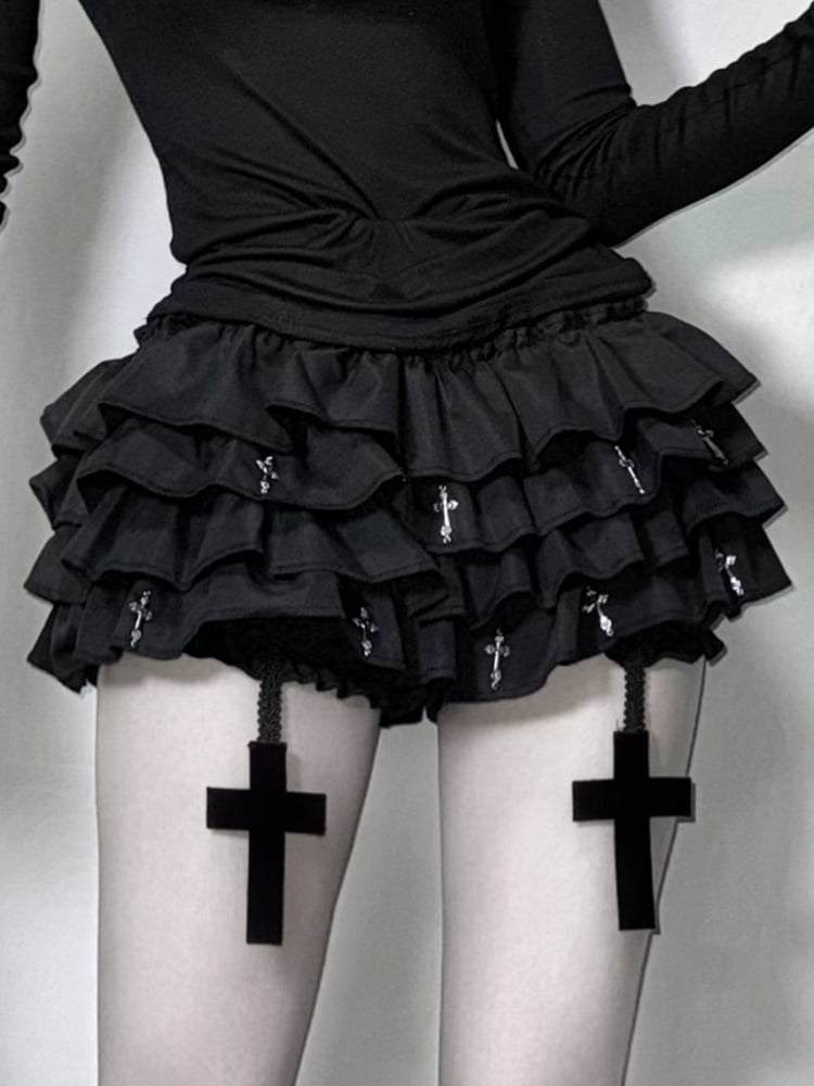 Charms Cross Tiered Built-in Black with Bloomers Mini Skort Gothic