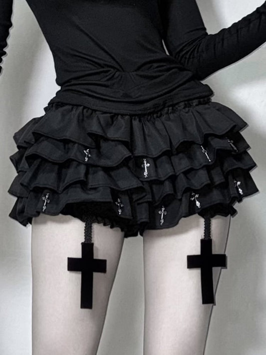 Charms Cross Tiered Built-in Black with Bloomers Mini Skort Gothic