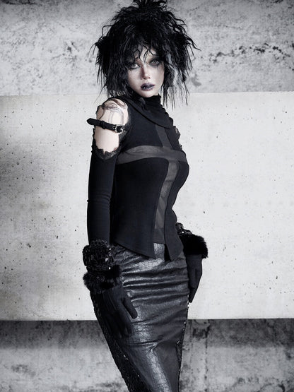 Schwarzes, halbtransparentes, langärmliges Gothic-Oberteil mit offenen Schultern und kreuzförmigen Netzeinsätzen