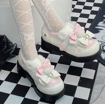 Platform Lolita Sweet with Pink and Bow Fleece-Lined Mid - Heels Details Accents White Heart