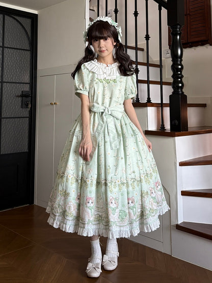 Green Cat Theme Floral Print Lolita Puff Sleeve Dress with Hairband - Dream Island Candy Casket