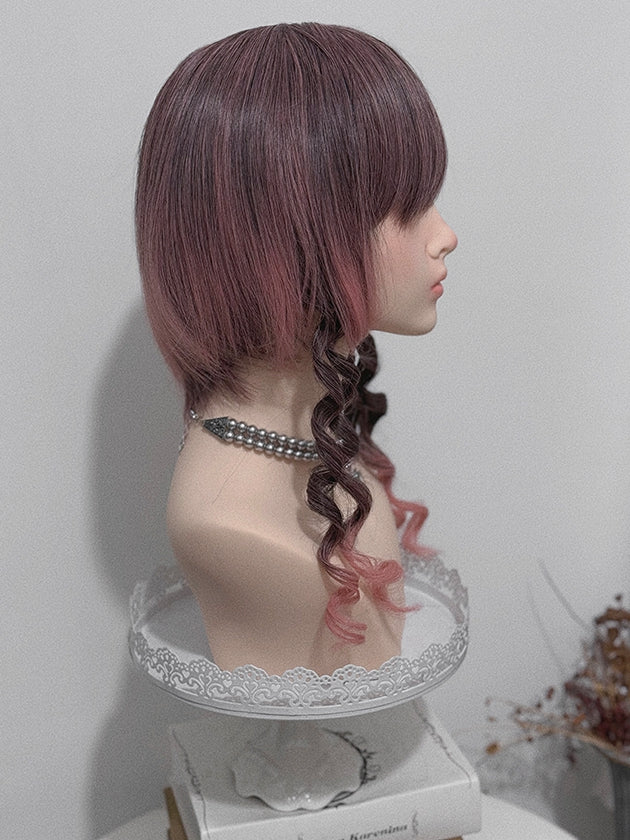 30CM With Double Claw Clips Length Roman Air Curly Ombre 48CM + Bangs Wig Ponytail Pink