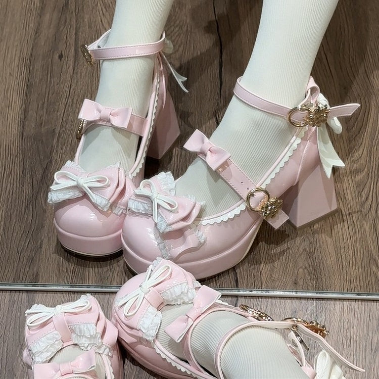 High-heel Design Mary Hem White Pink Bow with Janes Scalloped 8cm Lolita  Details Elegant