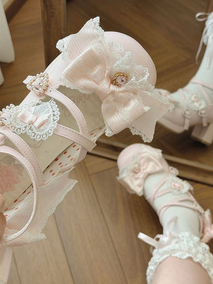 Sweet Lolita Pink Middle Heel Platform Shoes with Lace - Sheep Puff