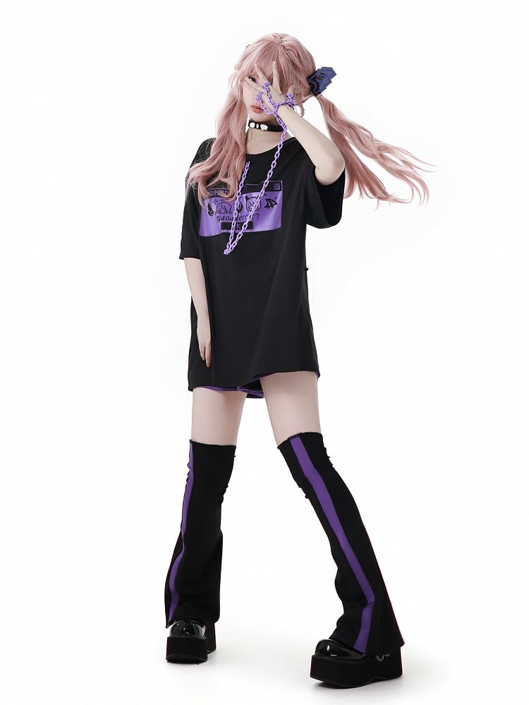 Lila mit und Pixel Zeichen Druck Kette Design Jirai Kei T-Shirt Ring Armband Finger Schwarz