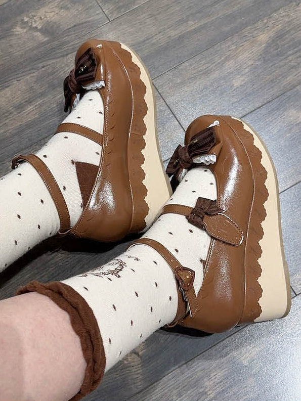 Sweet Decoration Striped Bow with Jane Shoes Lace Mary Trim PU Platform Brown