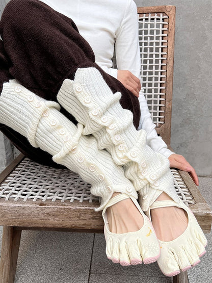 Slouchy Leg Knit White Warmers Gray Button-Detail /